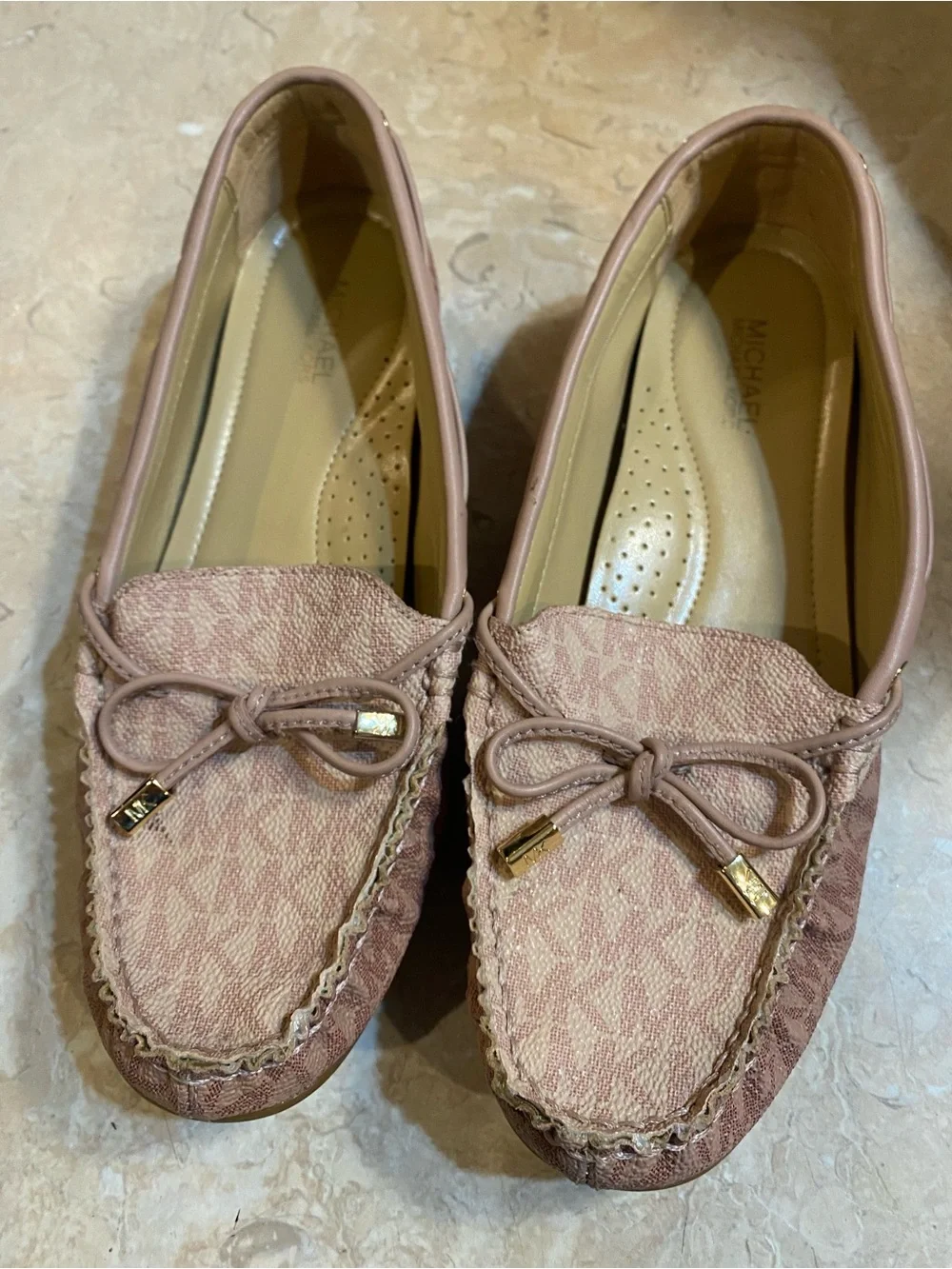 Michael Kors Pink Bow Moccasin Loafers with Gold Accents